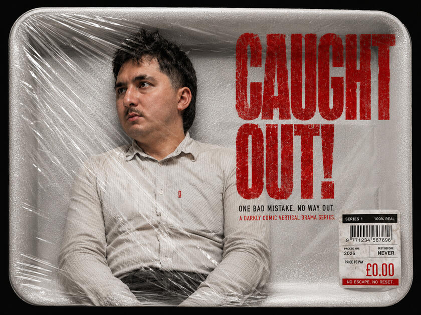 Caught Out! key art: a man in a crumpled shirt shrink-wrapped inside a supermarket meat tray, priced at £0.00, best before never.